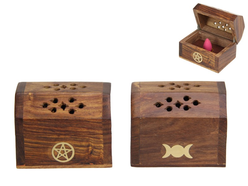 Mango Wood Cone Holder Box with Pentagram/Triple Moon Design