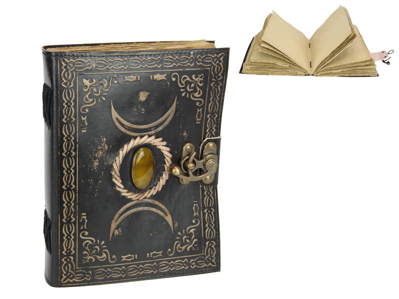 Antique Paper Leather Journal/Spell Book with Triple Moon and Stone Design