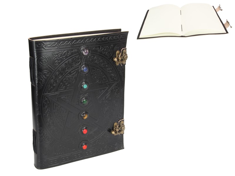 Black Leather Journal/Spell Book with 7 Chakra Gems & Pentagram Design