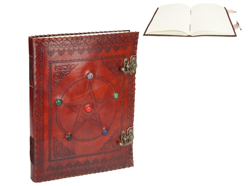 Brown Leather Journal/Spell Book with Pentagram Gem Design