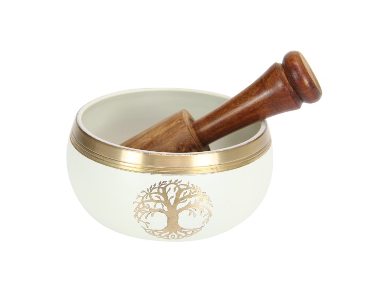 White and Gold Tibetan Singing Bowl with Tree of Life Design