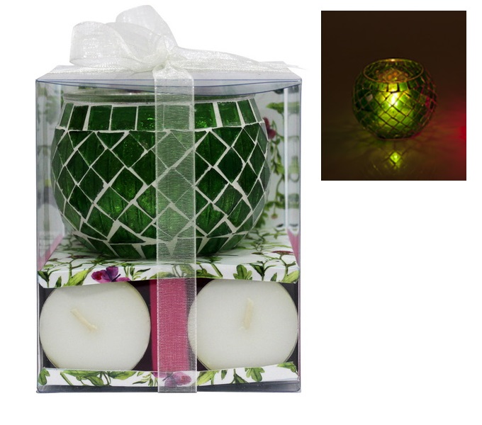 Mosaic Green Candle Holder & Tealights Gift Set