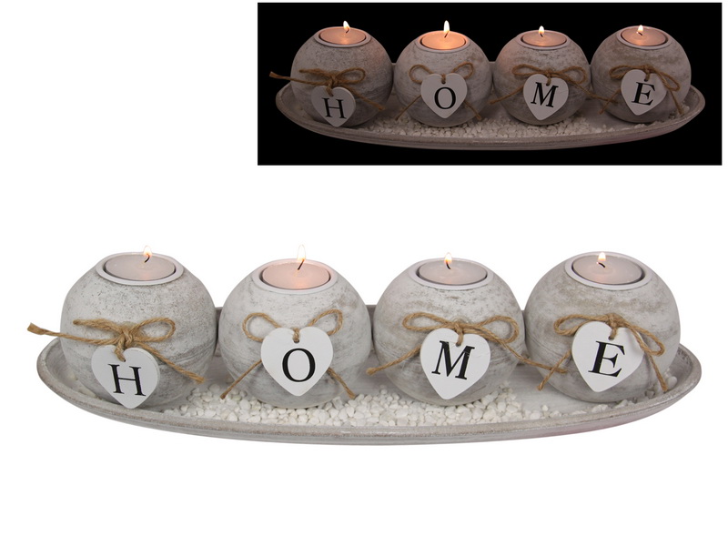 "HOME" White Hearts Four Candle Holder Gift Set