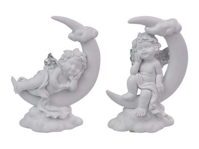 Cherub with Silver Wings on Moon & Clouds