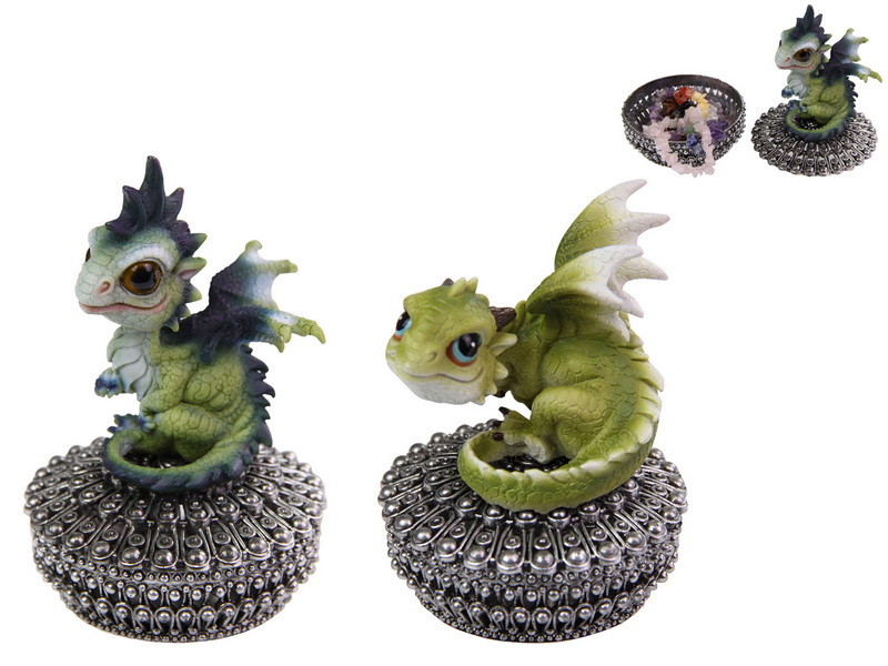 Green Puff Dragon on Silver Trinket Box