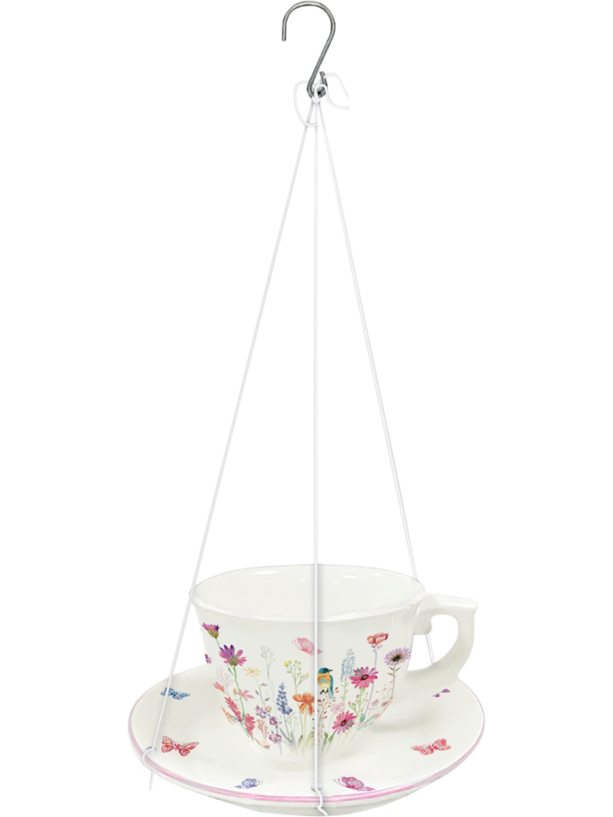 Ceramic Floral Teacup Hanging Bird Feeder