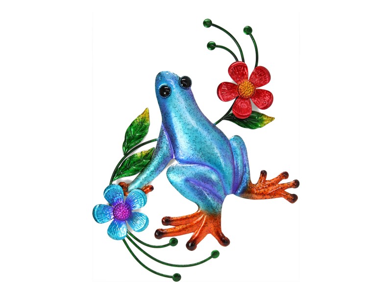 Metal Blue Frog & Flowers Wall Plaque (Large)