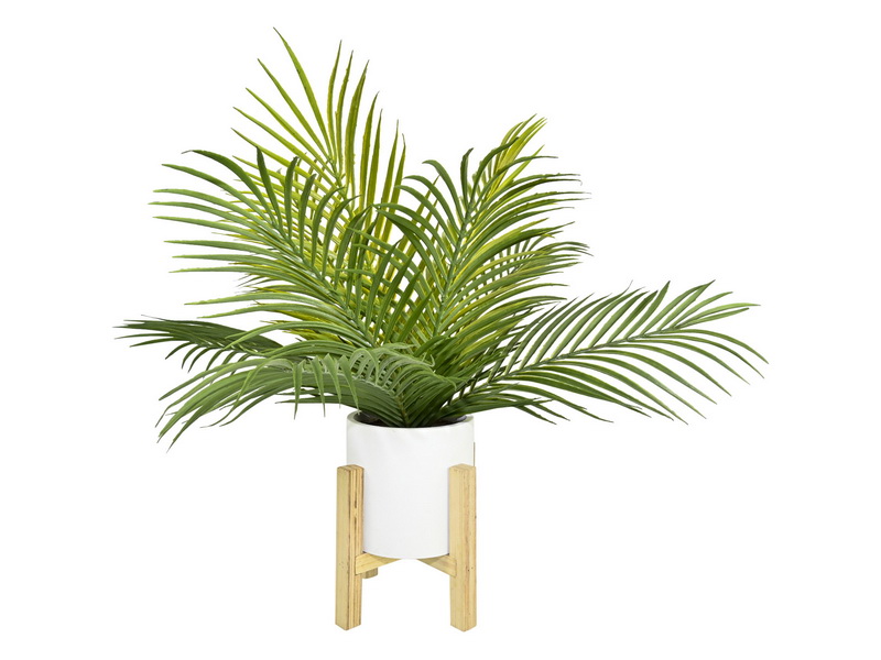White Pot on Wooden Stand with Fern