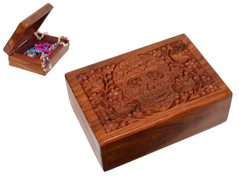 Carved Candy Skull Wooden Box