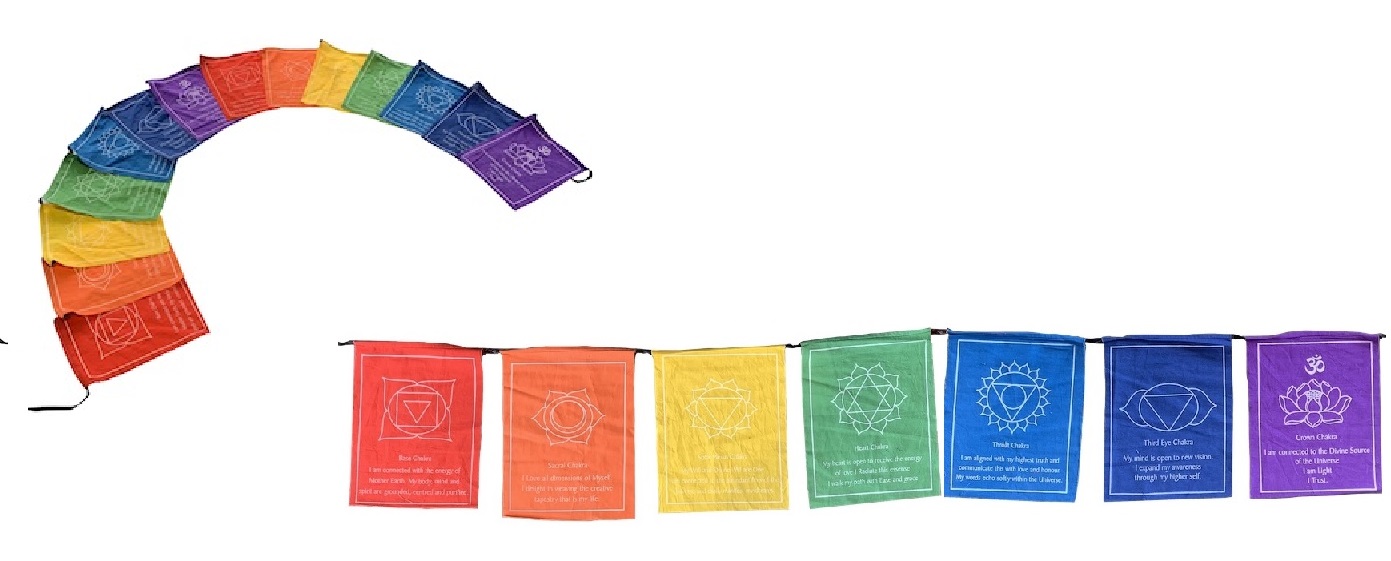 14 Prayer Flags with Seven Chakra Symbols on Rope (Large)