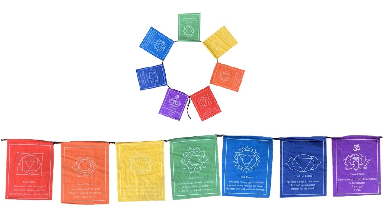 7 Prayer Flags with Seven Chakra Symbols on Rope (Large)