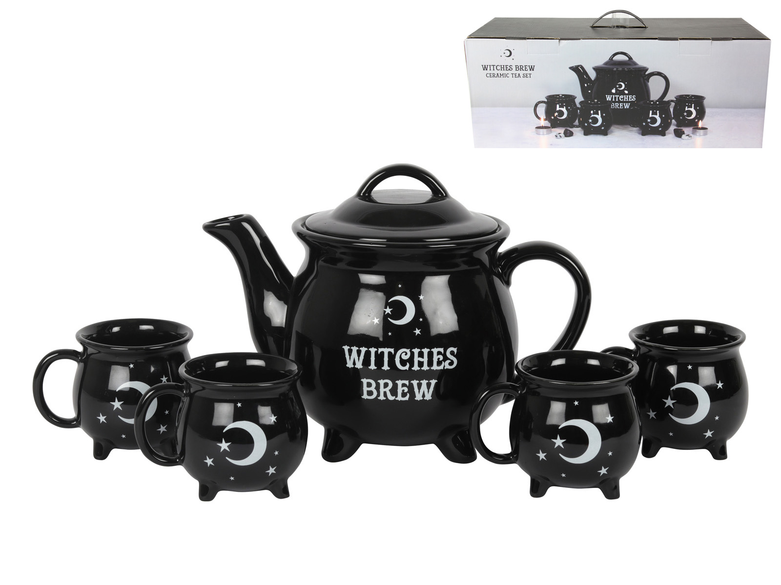 Witches Brew Black Cauldron Tea Pot & Mugs Set