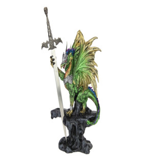 33cm Green Dragon on Rock with Sword