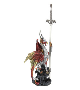 33cm Red Dragon on Ledge with Sword