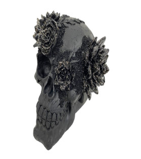 14cm Black Skull with Gold Flower