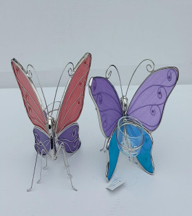 Stained Glass Leaded Butterfly Candle Holder 2 Asstd