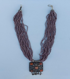 Purple Beads Multi-String Tribal Necklace With Stones On Metal Pendant -Square