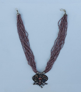 Purple Beads Multi-String Tribal Necklace With Stones On Metal Pendant -Heart