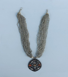 Silver Beads Multi-String Tribal Necklace With Stones On Metal Pendant