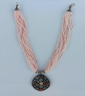 Pink Beads Multi-String Tribal Necklace With Stones On Metal Pendant