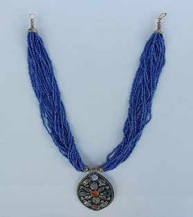 Blue Beads Multi-String Tribal Necklace With Stones On Metal Pendant
