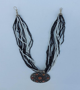 Black & White  Beads Multi-String Tribal Necklace With Stones On Metal Pendant