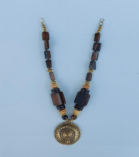 Wooden Necklace With Brass Emulet