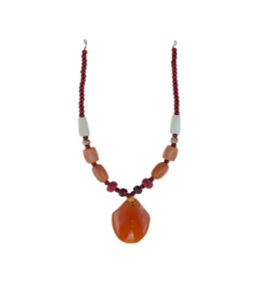 Red Resin And Wood Beads Necklace With Resin Amulet