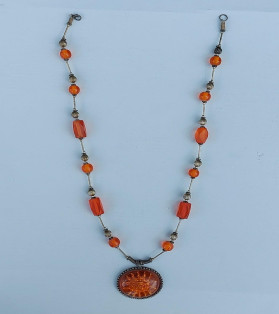Vintage Harar Long Silver and Amber Necklace With Sun Pendant