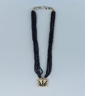 Black Beads Multi-String Tribal Necklace With Leaf Bone Pendant