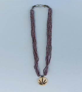 Purple Beads Multi-String Tribal Necklace With Leaf Bone Pendant