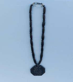 Long Black Beads Necklace With Flower Design Pendant