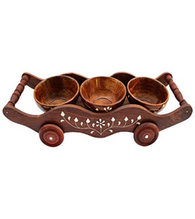 Wooden Trolley Tray with Bowl I Serving Tray with Set of 3 Bowl