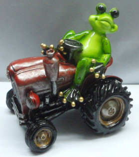 14cm Green Marble Look Frog On Tractor