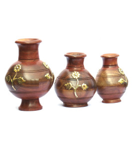 Sheesham Wood Brass Flower Design Matki 3pc Set