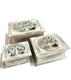 Carved Wooden Box Set Of 3- Tree Of Life