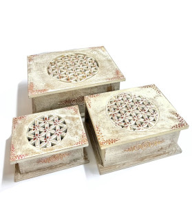 Carved Wooden Box Set Of 3- Flower Of Life