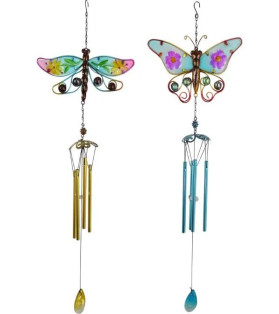 Glass Mosaic Metal Butterfly Dragonfly Wind Chime 2 Asstd