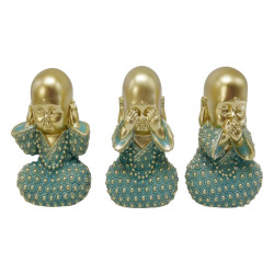 12cm Wise Buddha Monk in Aqua/Gold Finish 3 Asstd