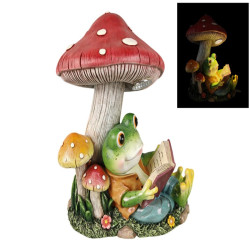 28cm Sitting Frog Reading Under Mushroom Solar Light