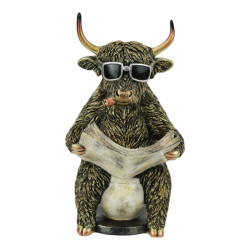 21cm Highland Cow on Toilet Reading Newspaper