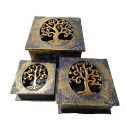 Carved Wooden Box Set Of 3- Tree Of life