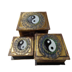 Carved Wooden Box Set Of 3- Yin Yang