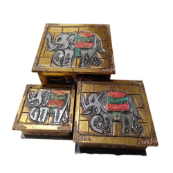 Carved Wooden Box Set Of 3- Elephant