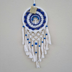 Macrame Tree of Life Design Dream Catcher medium White & Blue with Beads 17 x 50cm