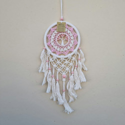 Macrame Tree of Life Design Dream Catcher Medium White & Pink With Beads 17 x 50cm