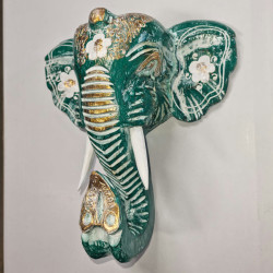 30cm Wooden Elephant Head - Green
