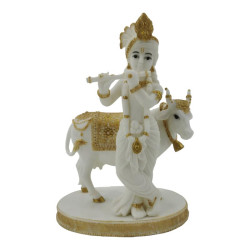 22cm Krishna with Cow on Base