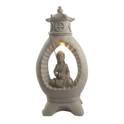 42x22cm USB Light Up Pagoda Temple with Meditating Buddha Holding Lotus Flower Incense Holder