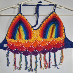 Crochet Midriff  Top With Fringes - Rainbow